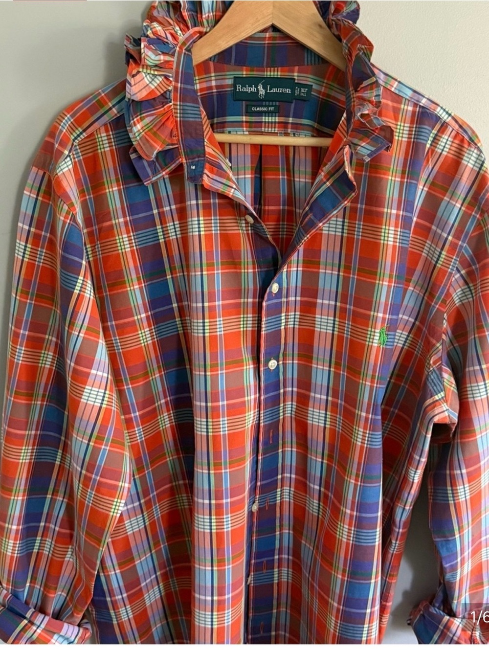 Ralph Lauren Red and Blue Plaid Ruffled Collar Button-Down Shirt